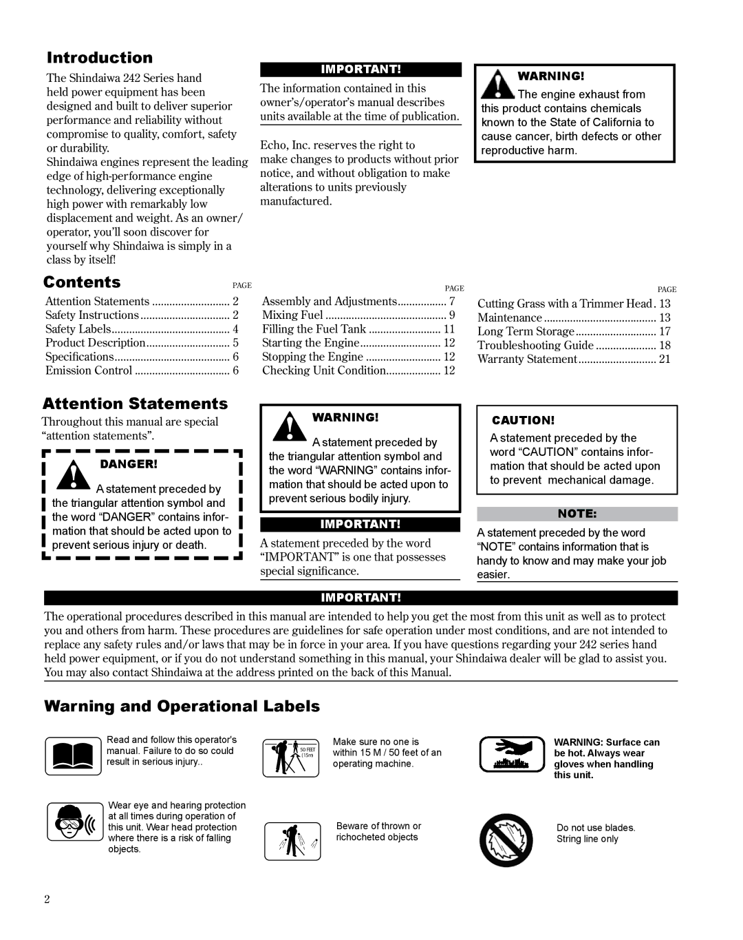 Shindaiwa X7502800900, T242 manual Introduction, Contents 