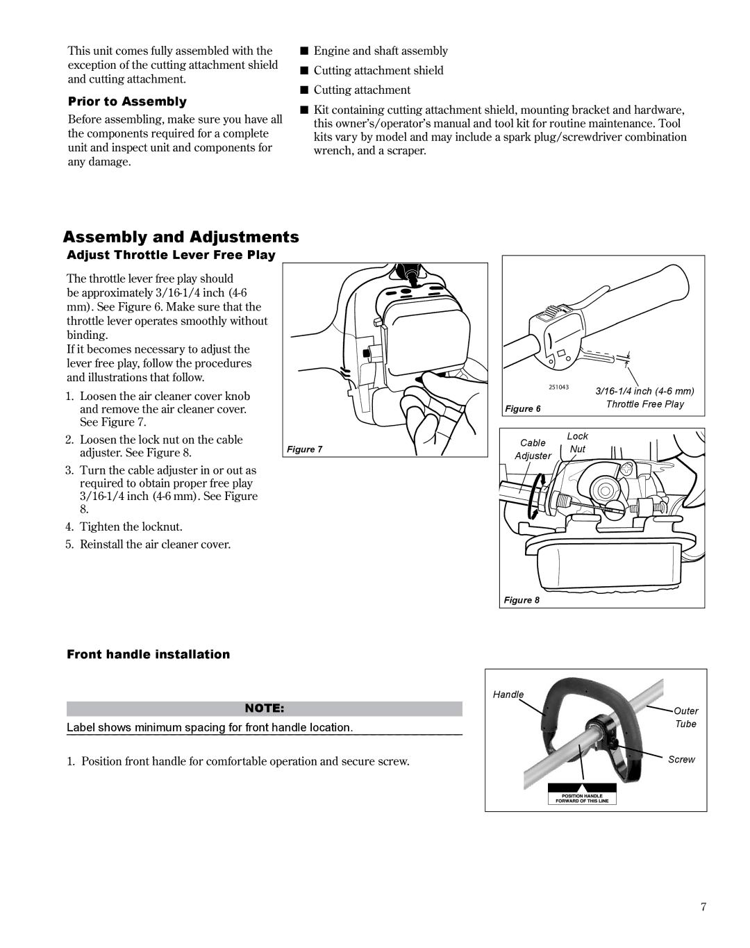 Shindaiwa T242 Assembly and Adjustments, Prior to Assembly, Adjust Throttle Lever Free Play, Front handle installation 