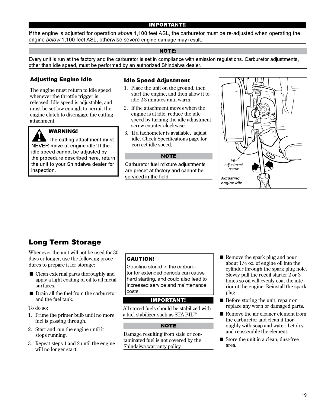 Shindaiwa X7502801000, AH242es manual Long Term Storage, Adjusting Engine Idle, Idle Speed Adjustment 