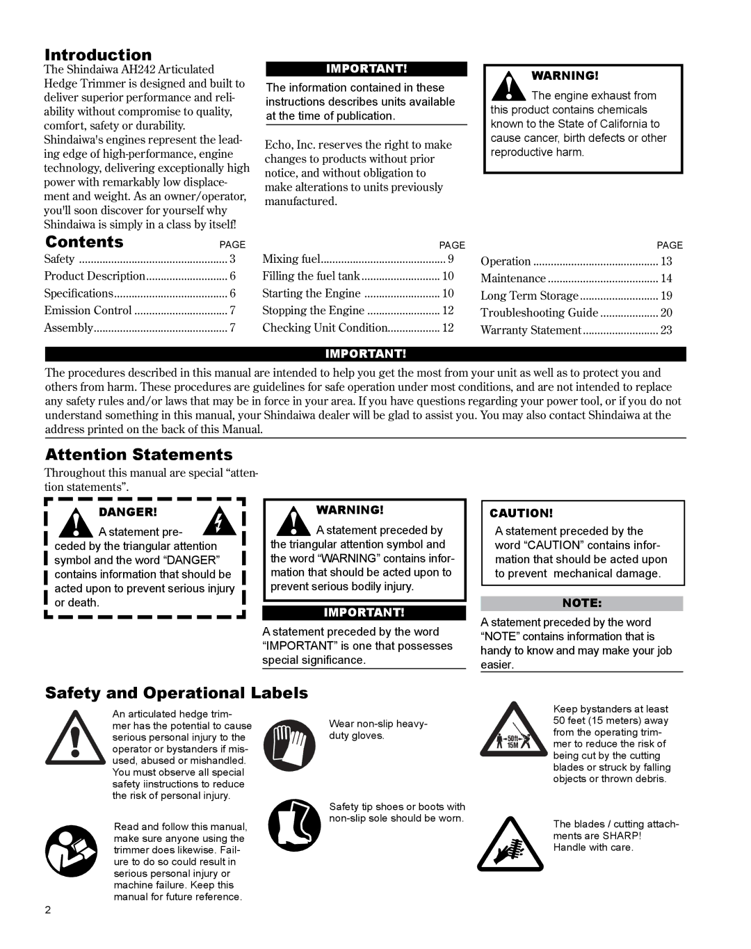 Shindaiwa AH242es, X7502801000 manual Introduction, Contents, Safety and Operational Labels 