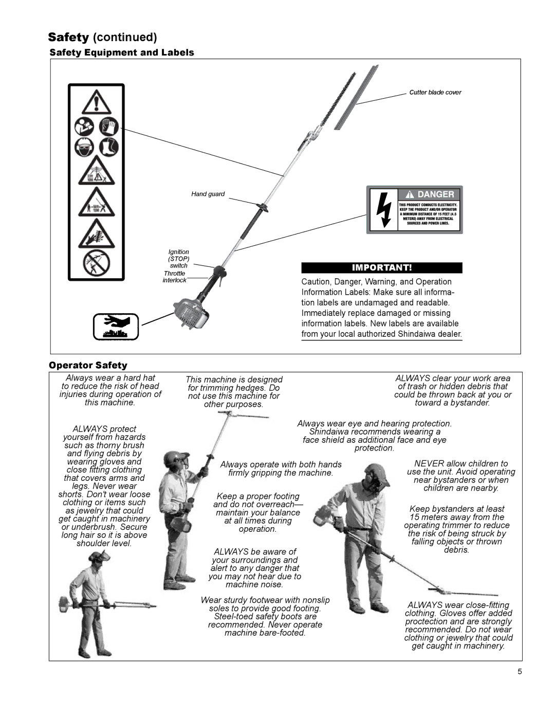 Shindaiwa AH242es, X7502801000 manual Safety Equipment and Labels, Operator Safety 