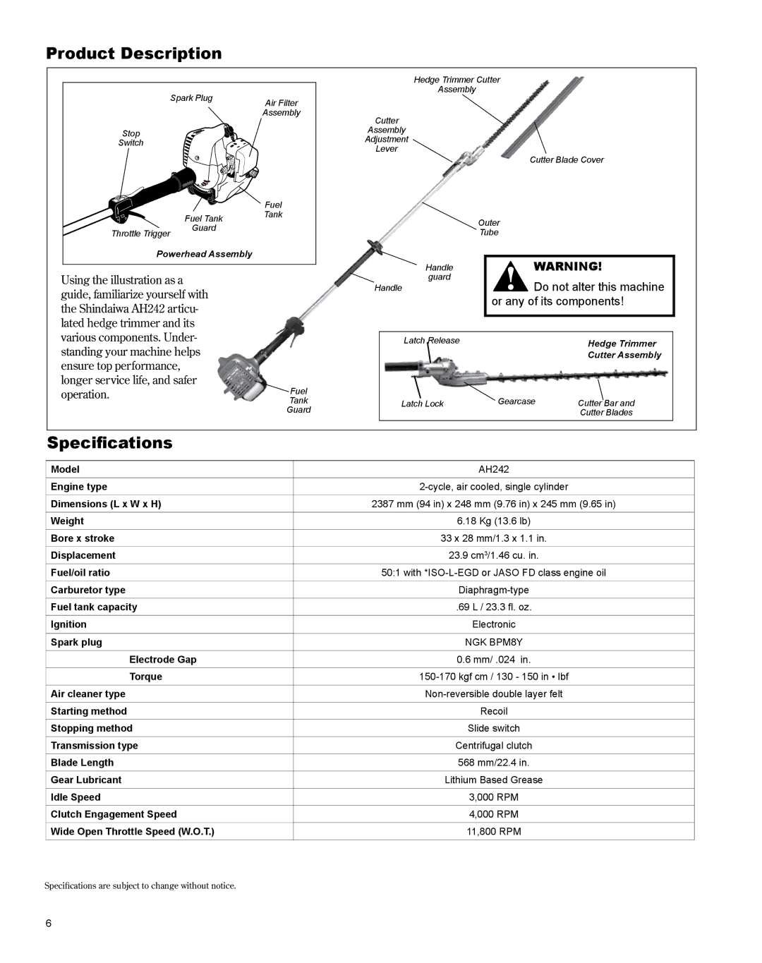 Shindaiwa X7502801000, AH242es manual Product Description, Specifications 