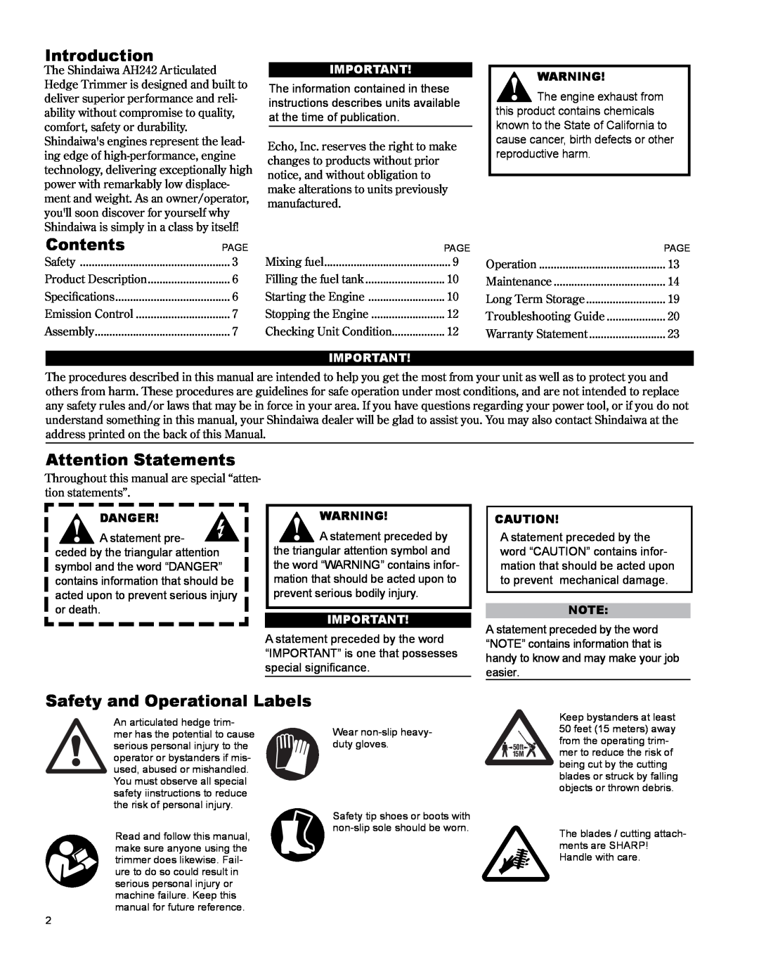Shindaiwa AH242es, X7502801000 Introduction, Contents PAGE, Attention Statements, Safety and Operational Labels, Danger 