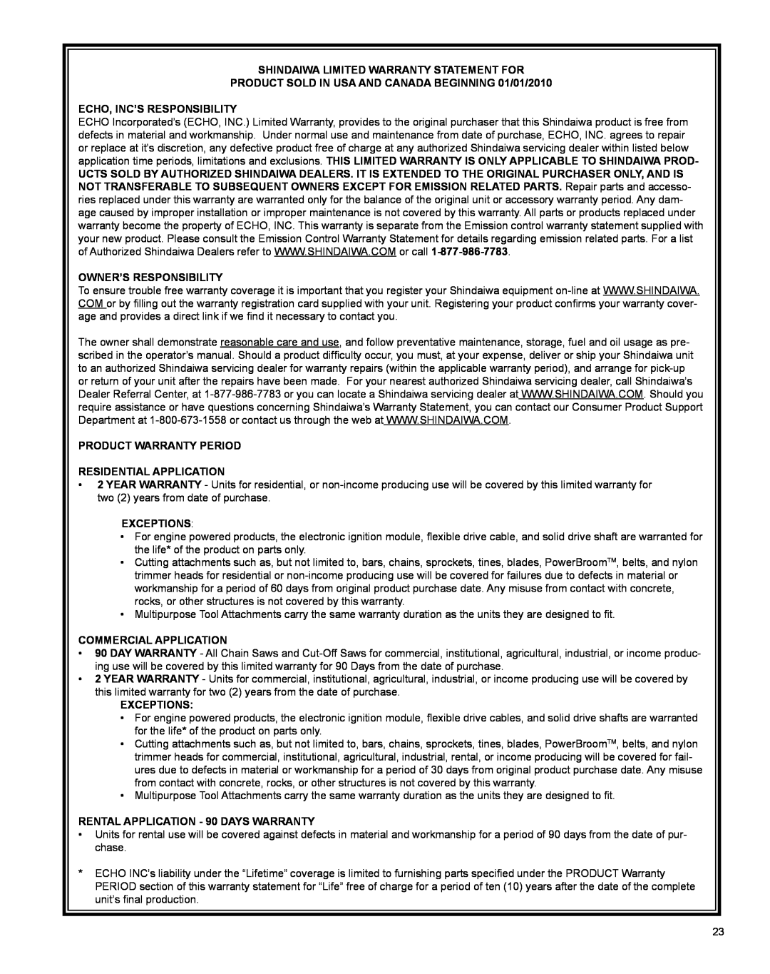 Shindaiwa AH242es manual Shindaiwa Limited Warranty Statement For, PRODUCT SOLD IN USA AND CANADA BEGINNING 01/01/2010 