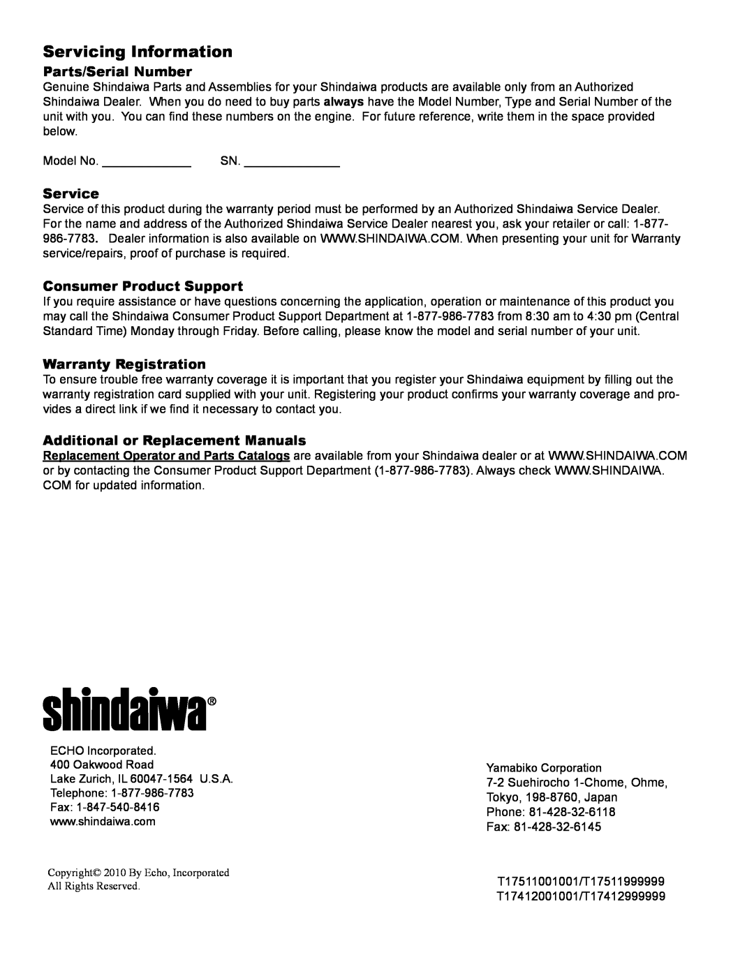 Shindaiwa AH242 manual Servicing Information, Parts/Serial Number, Service, Consumer Product Support, Warranty Registration 