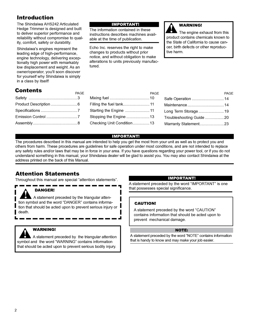 Shindaiwa X7502801100, AHS242ef manual Introduction, Contents 