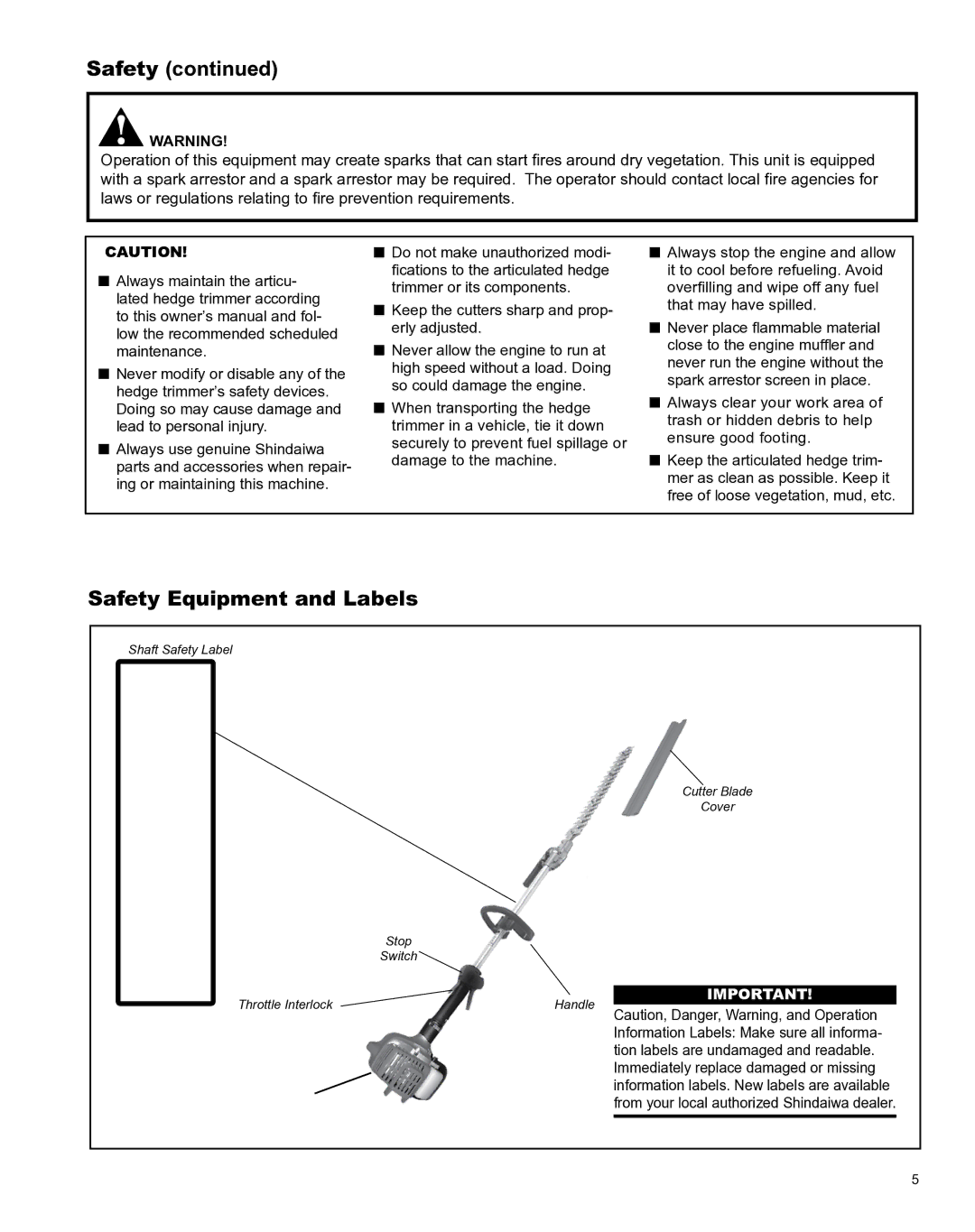 Shindaiwa X7502801100, AHS242ef manual Safety Equipment and Labels, Tion labels are undamaged and readable 