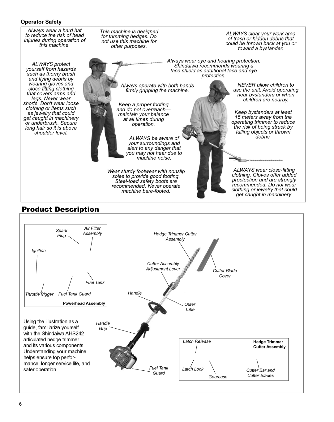 Shindaiwa X7502801100, AHS242ef manual Product Description, Operator Safety 