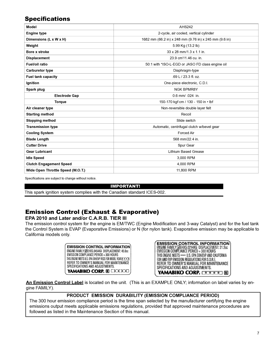 Shindaiwa AHS242ef, X7502801100 manual Specifications, Emission Control Exhaust & Evaporative 