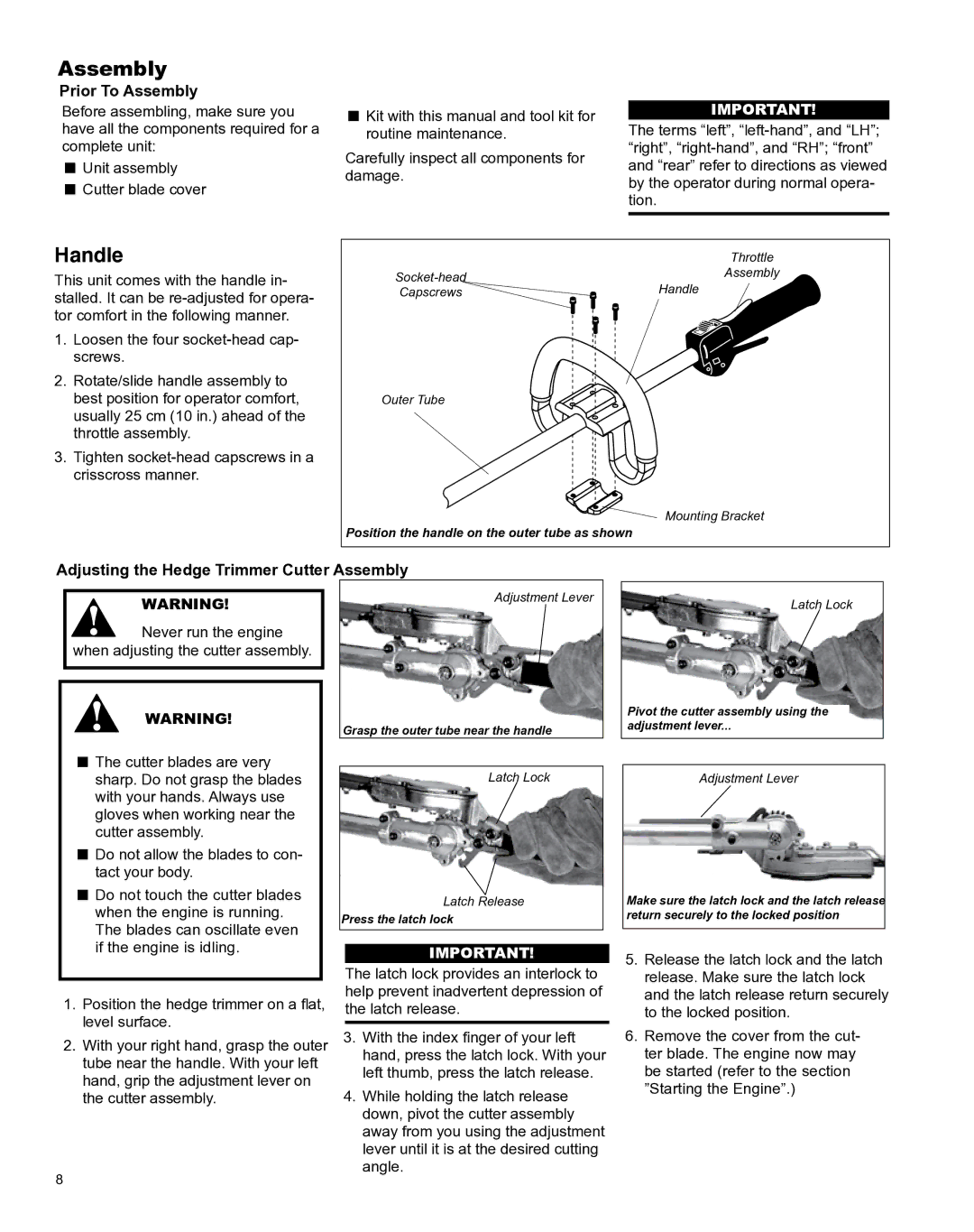 Shindaiwa X7502801100, AHS242ef manual Prior To Assembly, Adjusting the Hedge Trimmer Cutter Assembly 