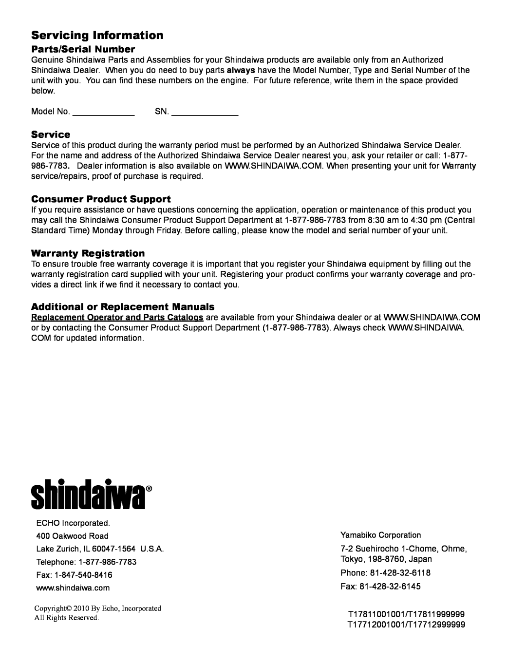 Shindaiwa X7502801200 Servicing Information, Parts/Serial Number, Service, Consumer Product Support, Warranty Registration 