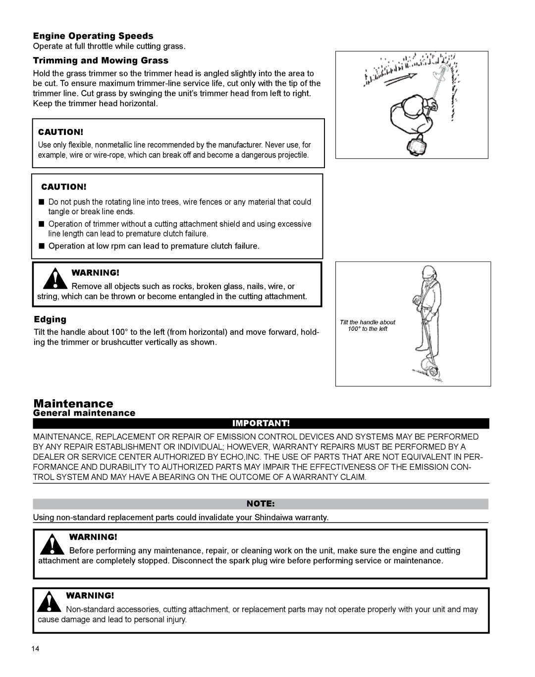 Shindaiwa X7502824801 manual Maintenance, Engine Operating Speeds, Trimming and Mowing Grass, Edging, General maintenance 