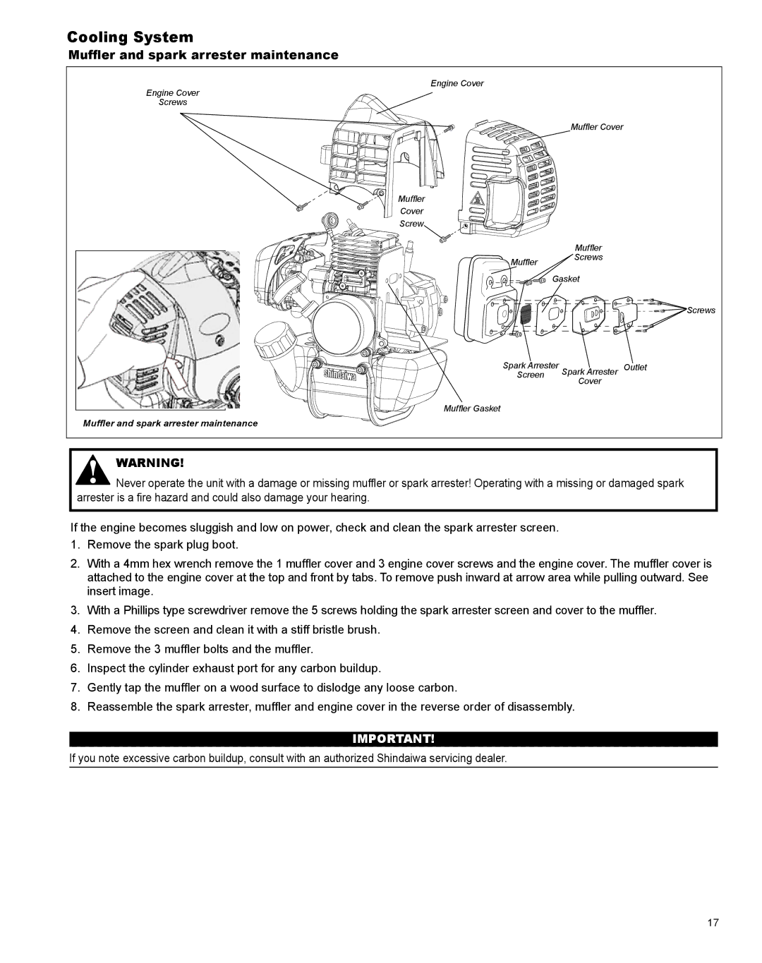 Shindaiwa X7502824801 manual Cooling System, Muffler and spark arrester maintenance 