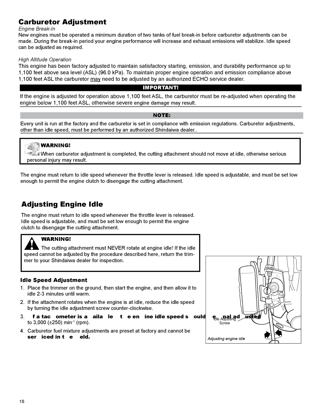 Shindaiwa X7502824801 manual Carburetor Adjustment, Adjusting Engine Idle, Engine Break-In, High Altitude Operation 