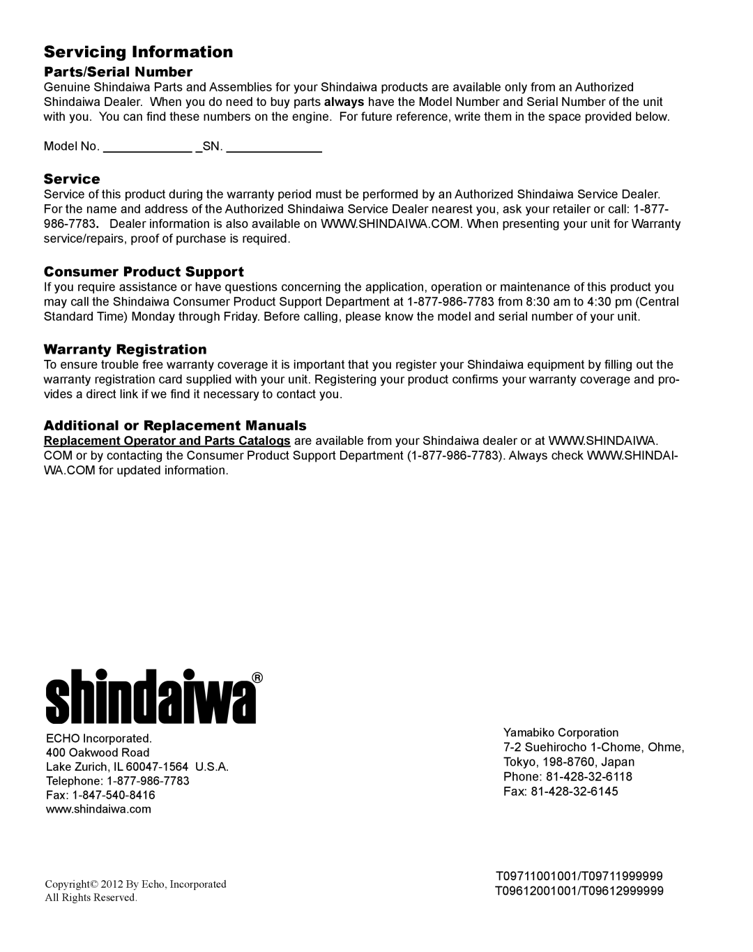 Shindaiwa X7502824801 manual Servicing Information, Parts/Serial Number 