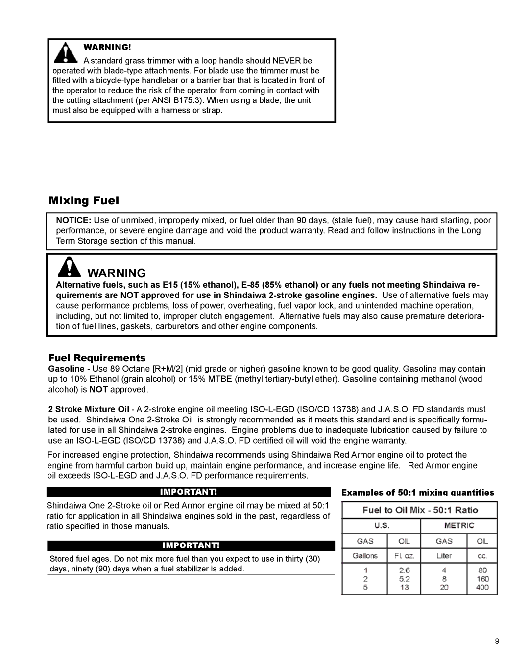 Shindaiwa X7502824801 manual Mixing Fuel, Fuel Requirements 