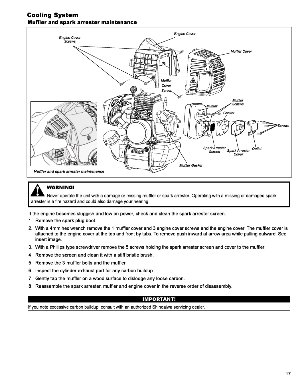 Shindaiwa X7502824801 manual Cooling System, Muffler and spark arrester maintenance 