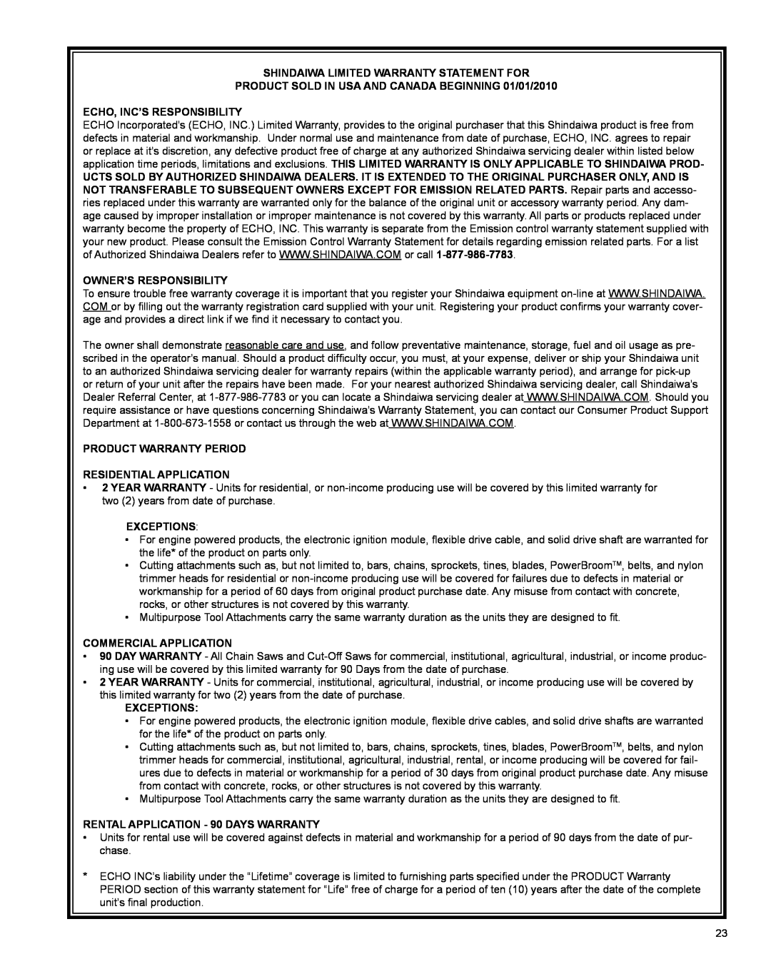 Shindaiwa X7502824801 manual Shindaiwa Limited Warranty Statement For, PRODUCT SOLD IN USA AND CANADA BEGINNING 01/01/2010 