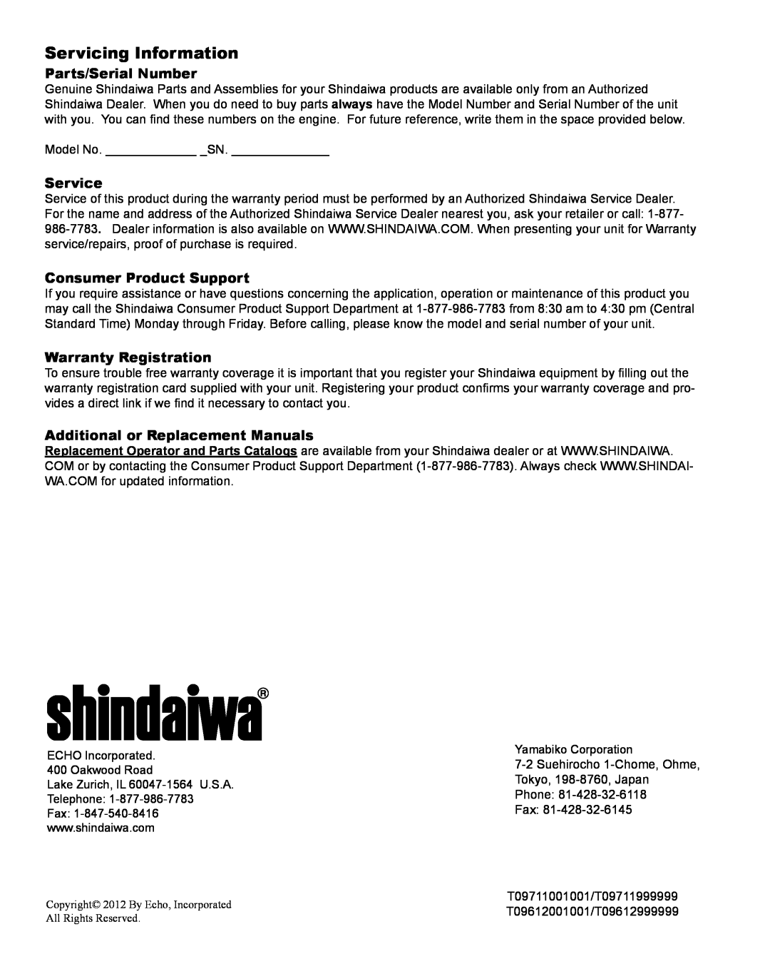 Shindaiwa X7502824801 Servicing Information, Parts/Serial Number, Service, Consumer Product Support, Warranty Registration 