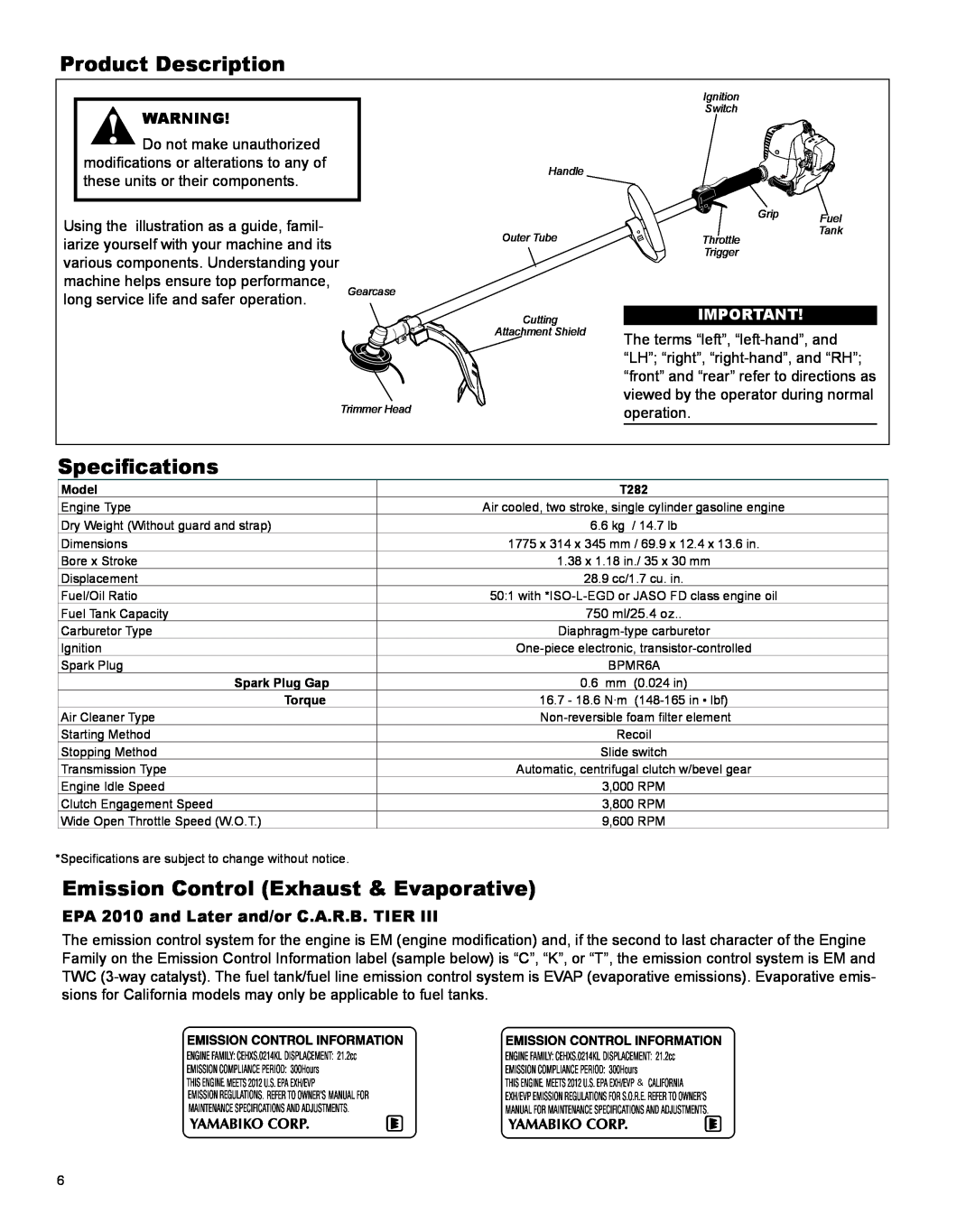 Shindaiwa X7502824801 manual Product Description, Specifications, Emission Control Exhaust & Evaporative 