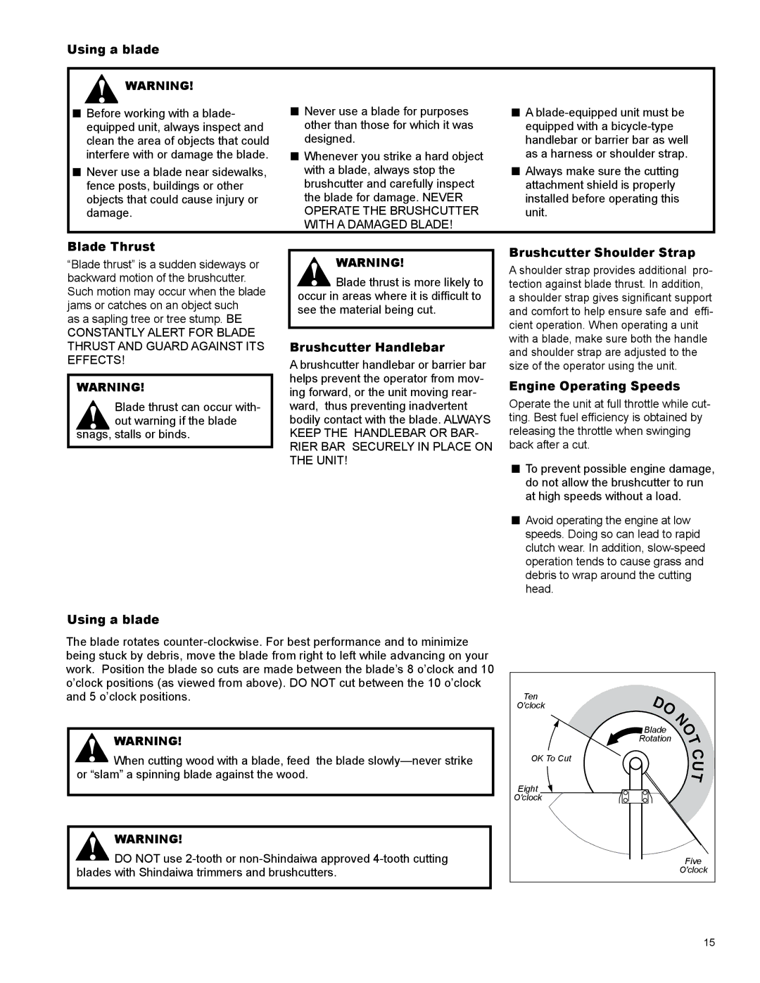 Shindaiwa C254, X7502825601 manual Using a blade, Blade Thrust, Brushcutter Handlebar, Brushcutter Shoulder Strap 