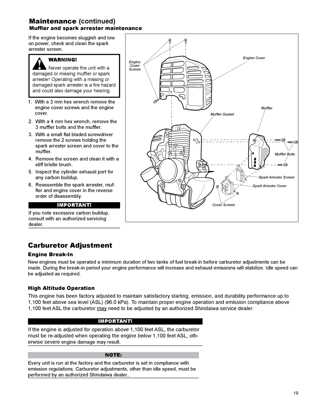 Shindaiwa C254 Carburetor Adjustment, Muffler and spark arrester maintenance, Engine Break-In, High Altitude Operation 