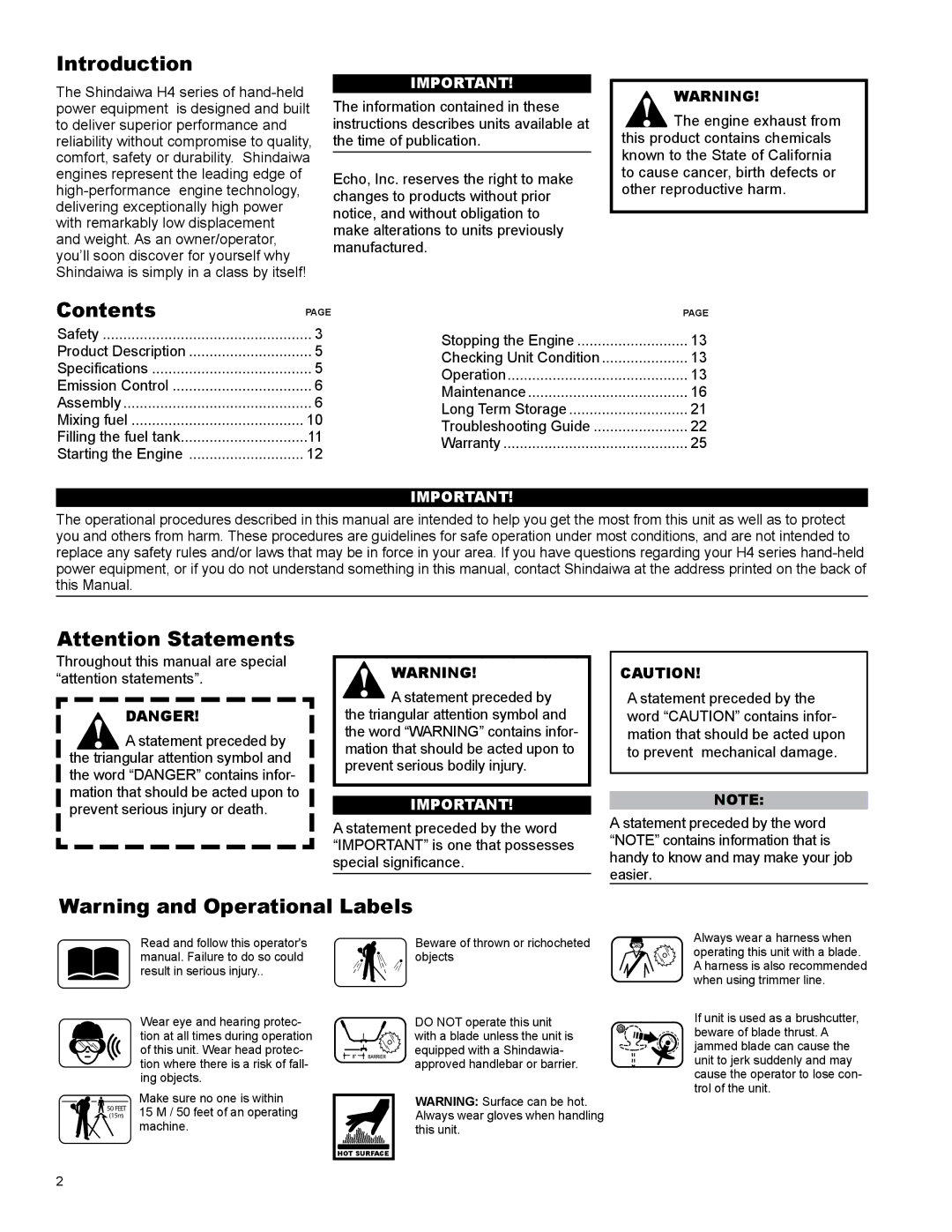 Shindaiwa X7502825601, C254 manual Introduction, Contents 