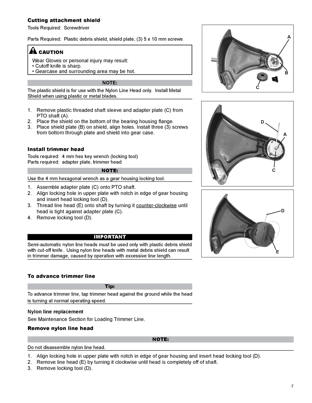 Shindaiwa C254 manual Cutting attachment shield, Install trimmer head, To advance trimmer line Tip, Nylon line replacement 