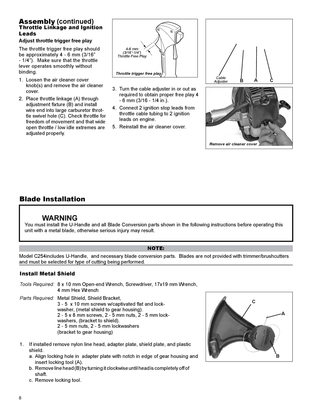 Shindaiwa X7502825601, C254 manual Blade Installation, Install Metal Shield 