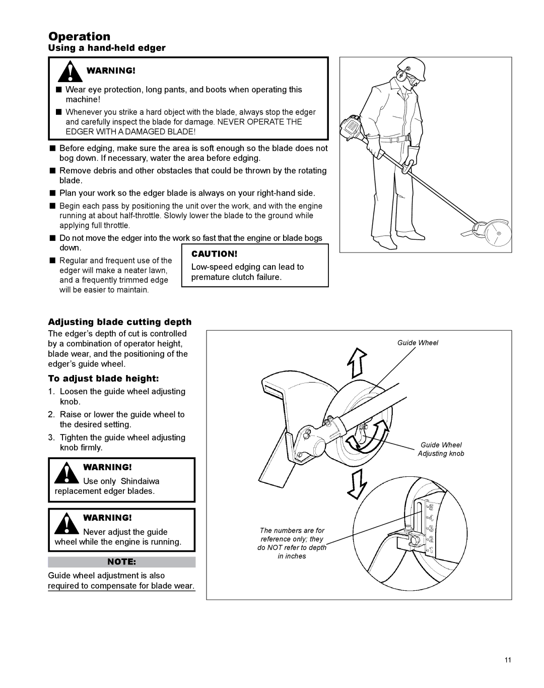 Shindaiwa LE254, X7502825800 Operation, Using a hand-held edger, Adjusting blade cutting depth, To adjust blade height 