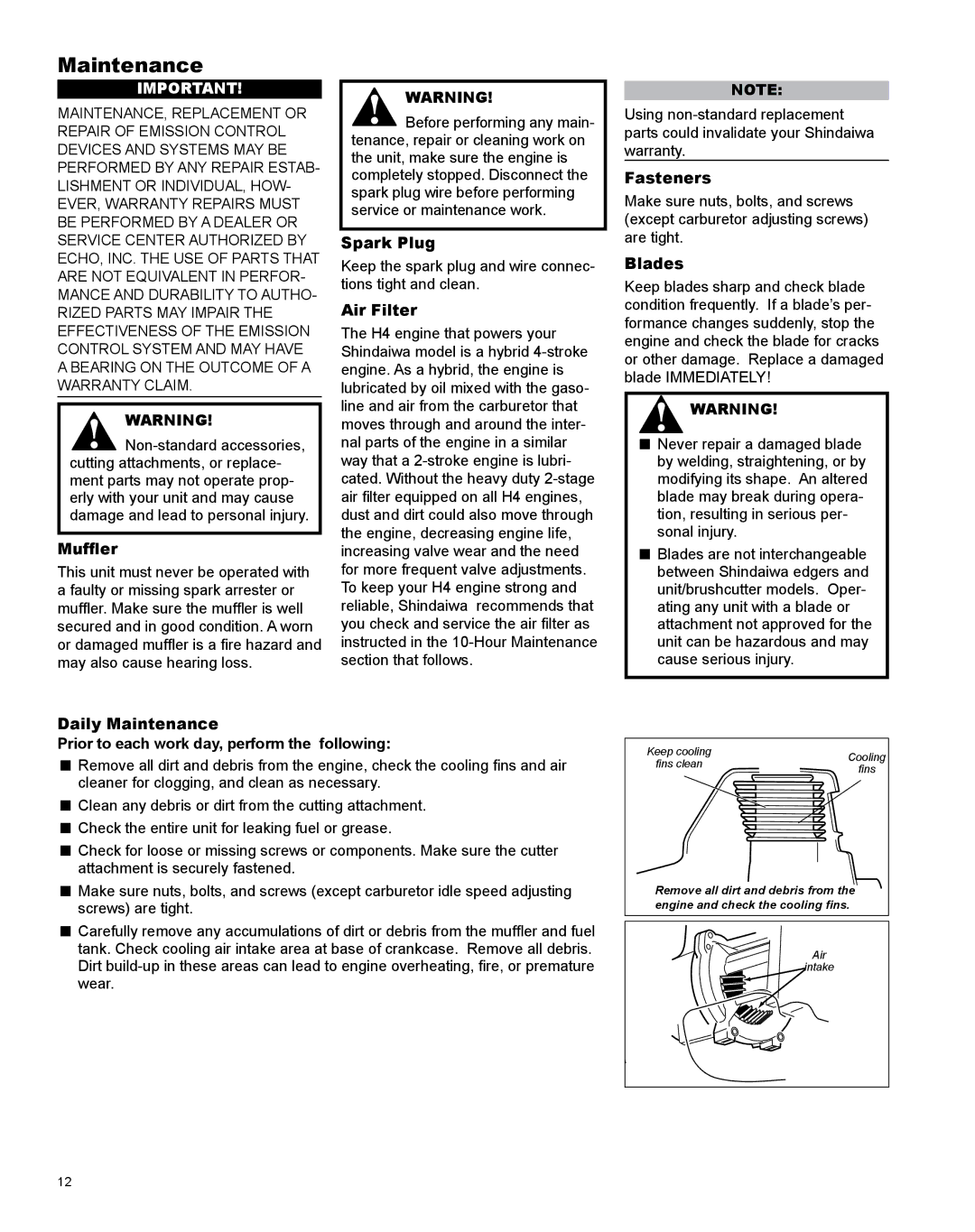 Shindaiwa X7502825800, LE254 manual Maintenance 