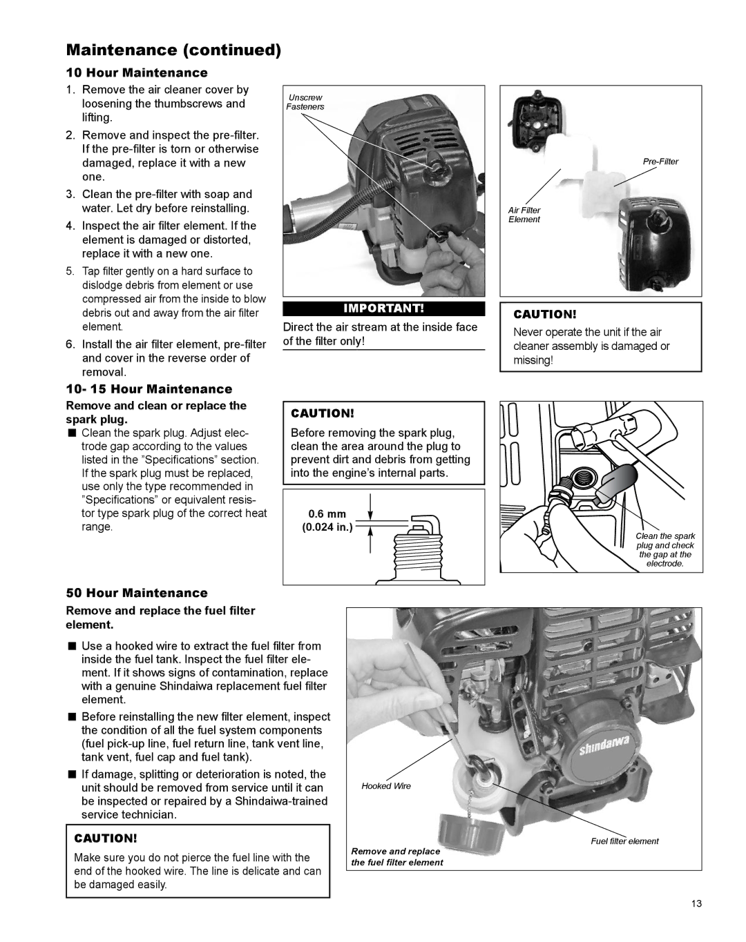 Shindaiwa LE254, X7502825800 manual Hour Maintenance, Direct the air stream at the inside face Filter only 