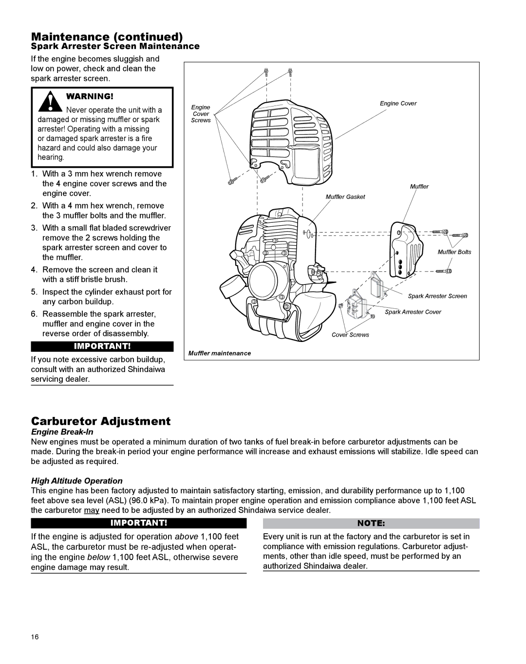 Shindaiwa X7502825800, LE254 manual Carburetor Adjustment, Spark Arrester Screen Maintenance 