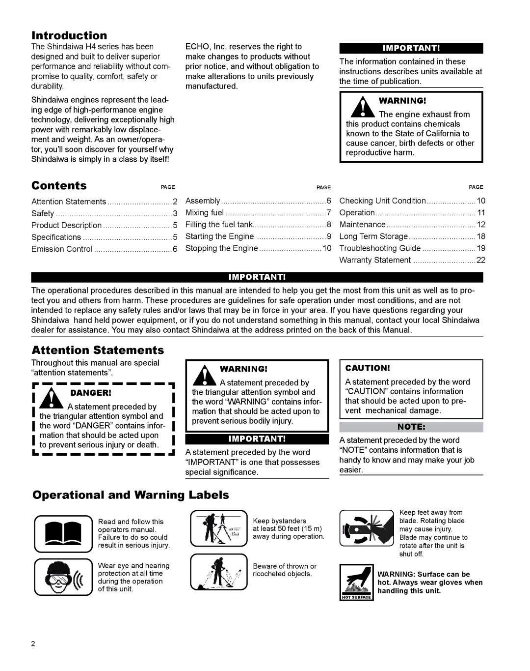 Shindaiwa X7502825800, LE254 manual Introduction, Contents, Operational and Warning Labels 