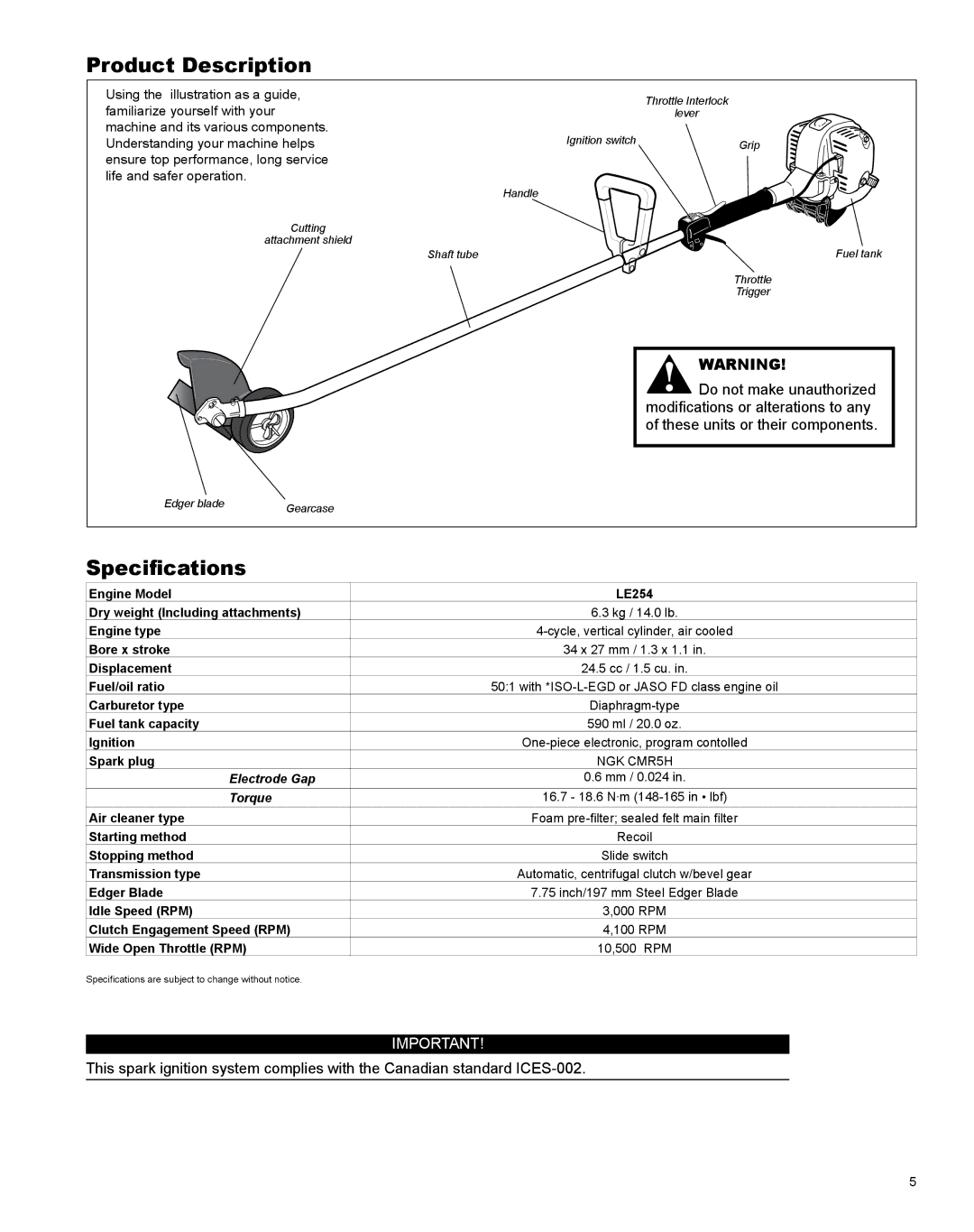 Shindaiwa LE254, X7502825800 manual Specifications, Torque 