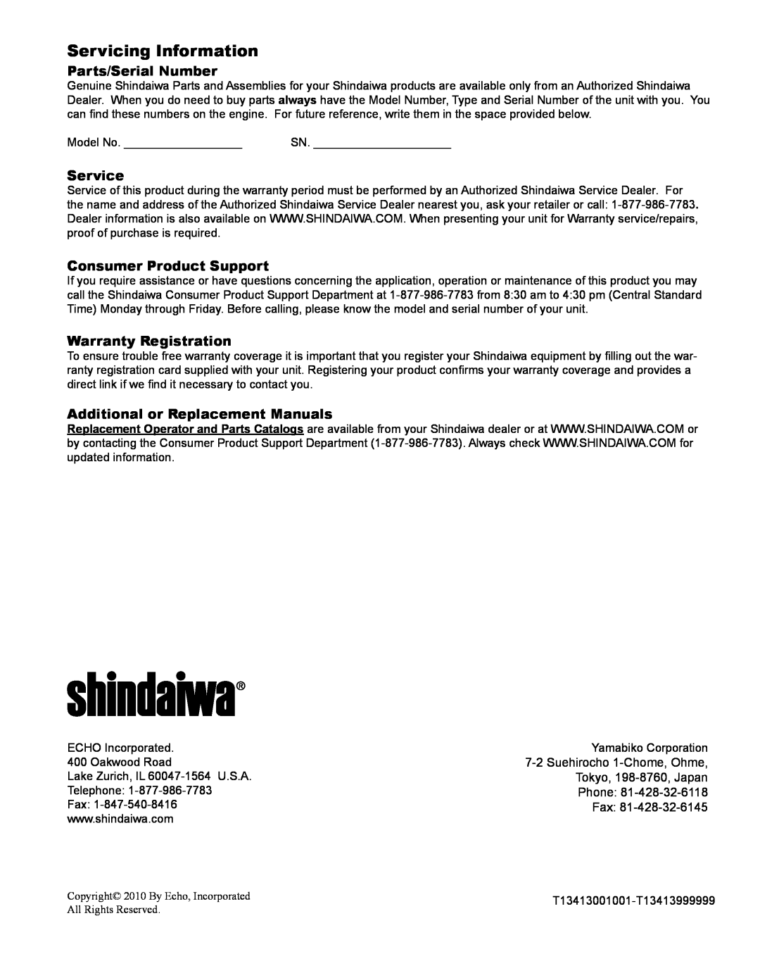 Shindaiwa X7502825800 Servicing Information, Parts/Serial Number, Service, Consumer Product Support, Warranty Registration 