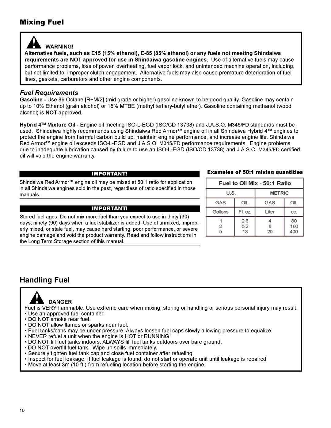 Shindaiwa X7502825900 manual Mixing Fuel, Fuel Requirements 