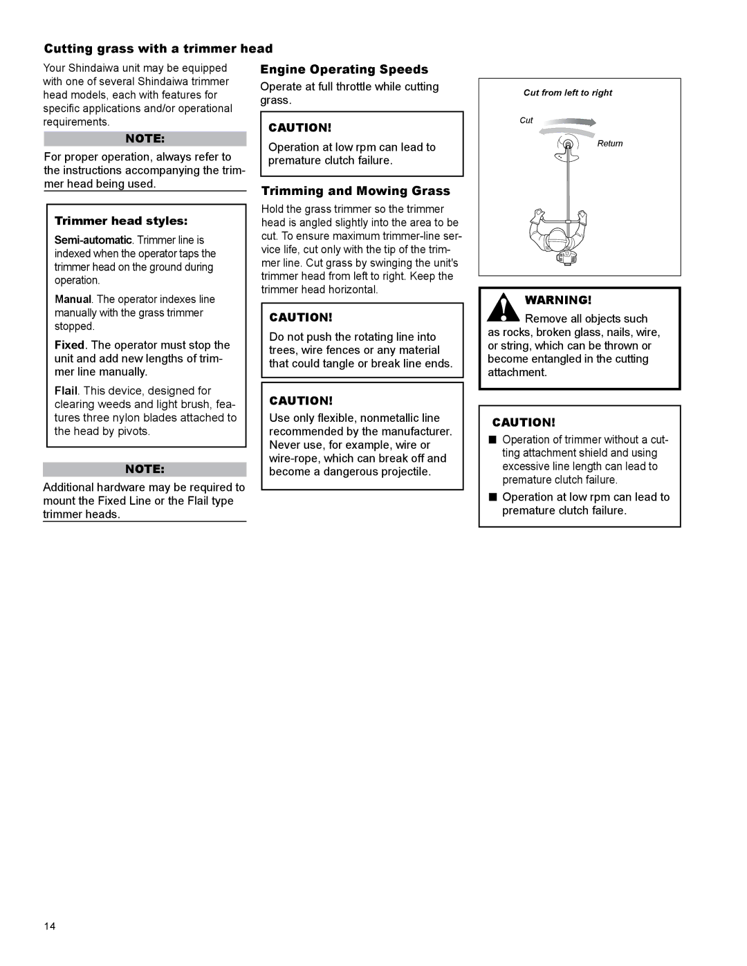 Shindaiwa X7502825900 manual Cutting grass with a trimmer head, Trimmer head styles, Engine Operating Speeds 