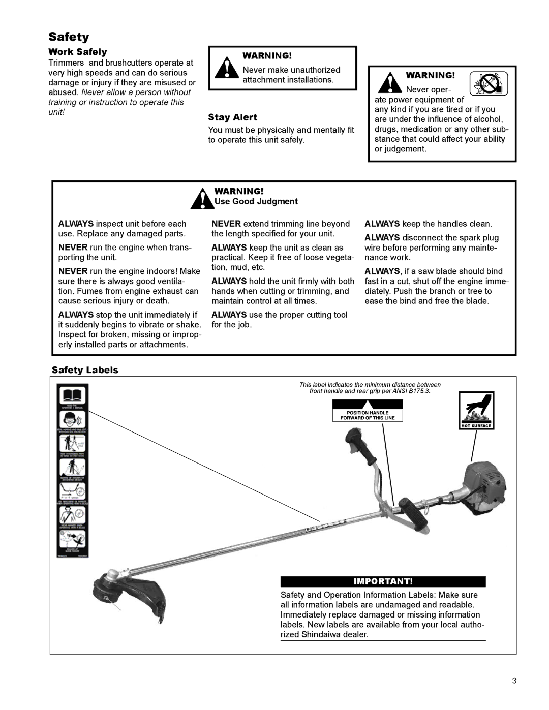 Shindaiwa X7502825900 manual Work Safely, Stay Alert, Use Good Judgment, Safety Labels 