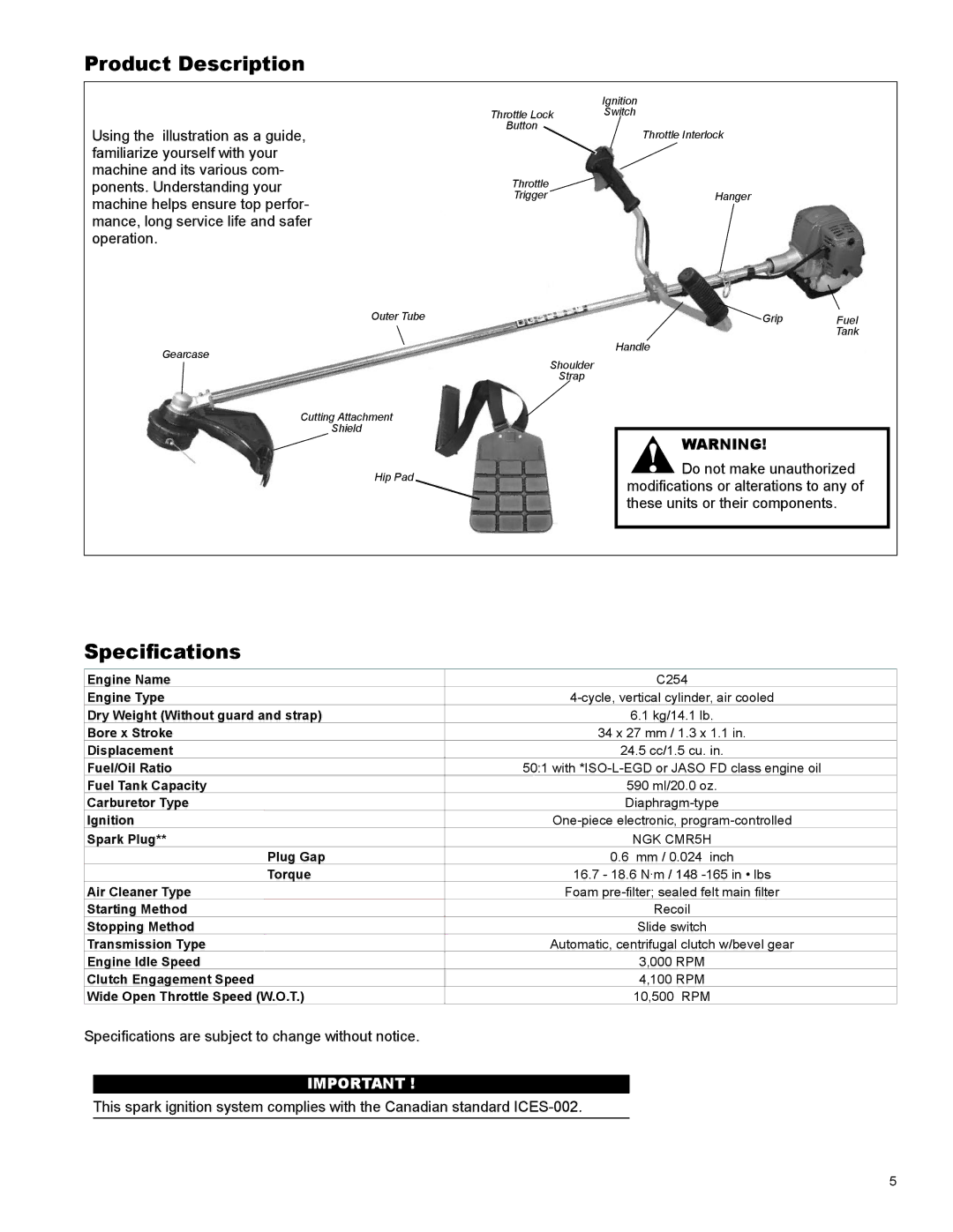 Shindaiwa X7502825900 manual Product Description, Specifications 