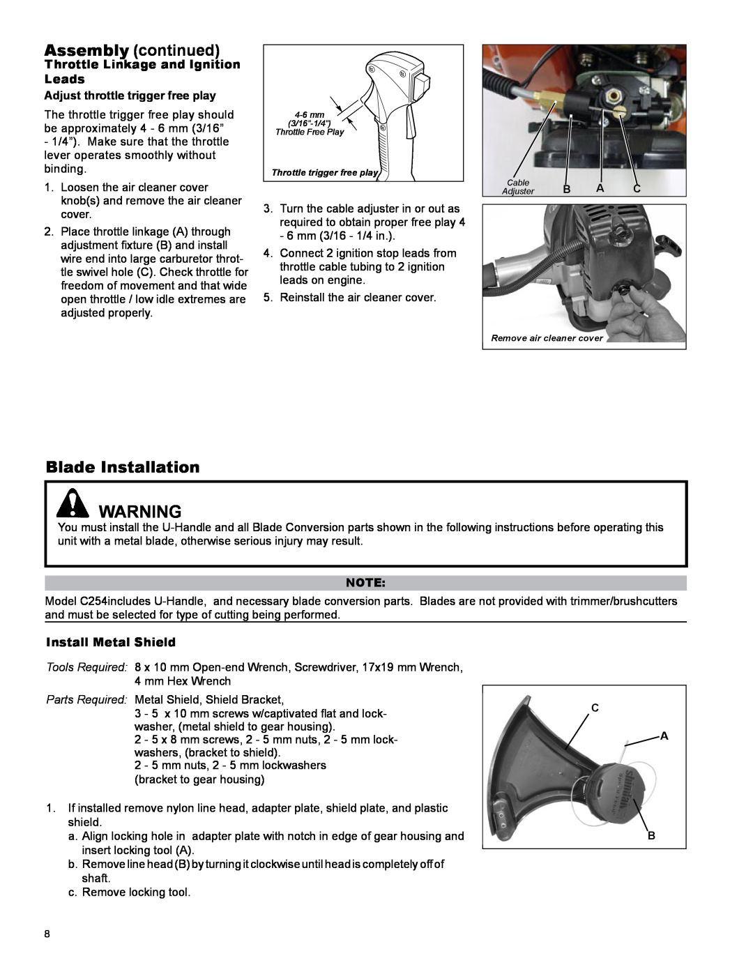 Shindaiwa X7502825900 manual Assembly continued, Blade Installation, Install Metal Shield 