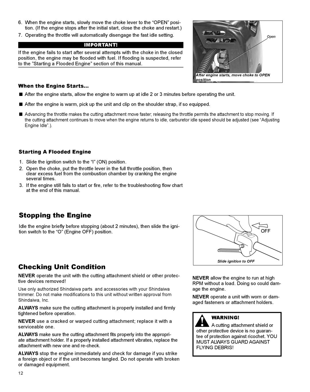 Shindaiwa X7502831200 Stopping the Engine, Checking Unit Condition, When the Engine Starts, Starting a Flooded Engine 