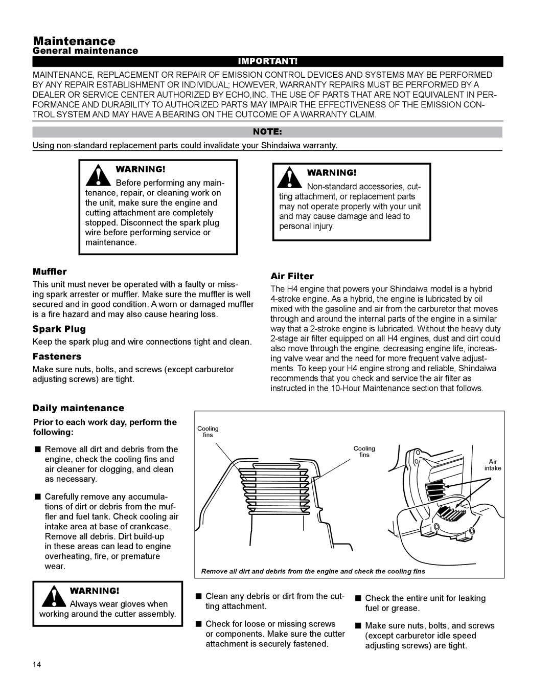 Shindaiwa X7502831200 manual Maintenance 