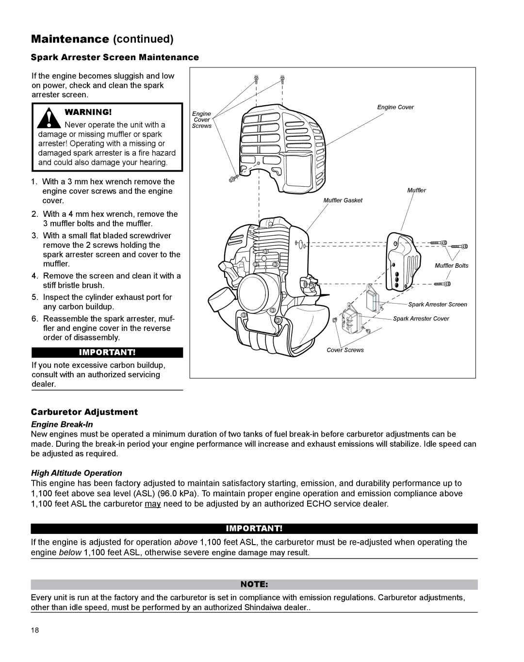 Shindaiwa X7502831200 manual Spark Arrester Screen Maintenance, Carburetor Adjustment 