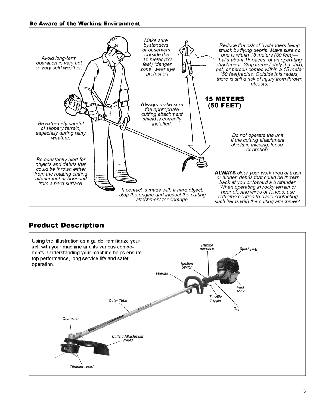 Shindaiwa X7502831200 manual Product Description, Be Aware of the Working Environment 