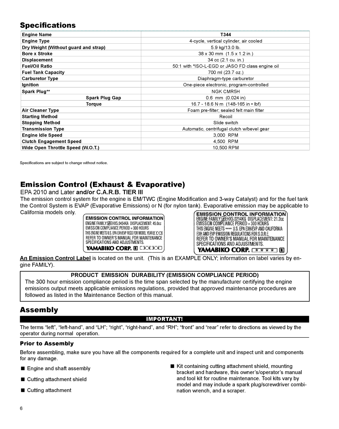 Shindaiwa X7502831200 manual Specifications, Emission Control Exhaust & Evaporative, Prior to Assembly 