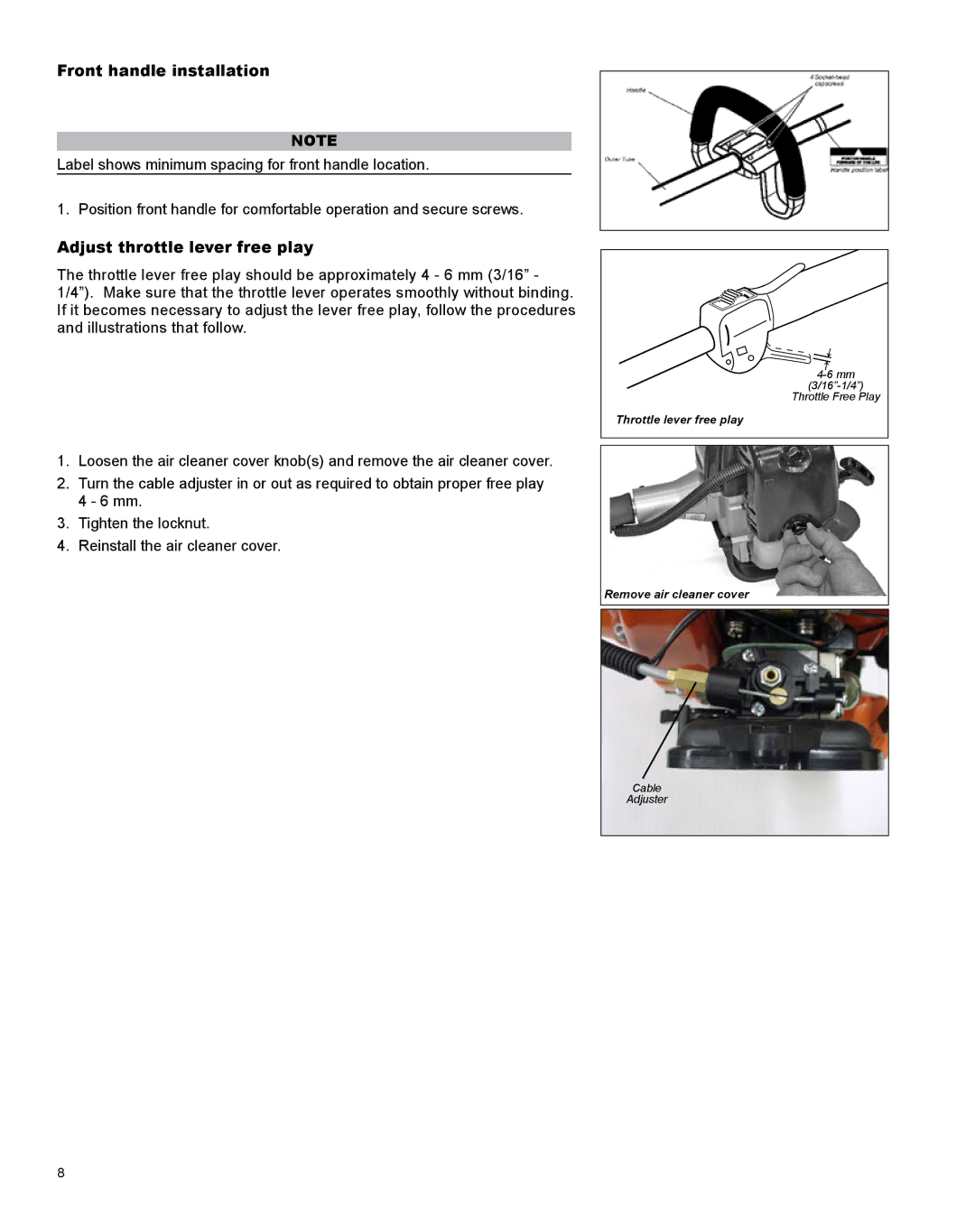 Shindaiwa X7502831200 manual Front handle installation, Adjust throttle lever free play 