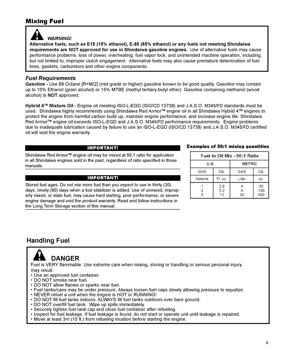 Shindaiwa X7502831200 manual Mixing Fuel, Fuel Requirements 