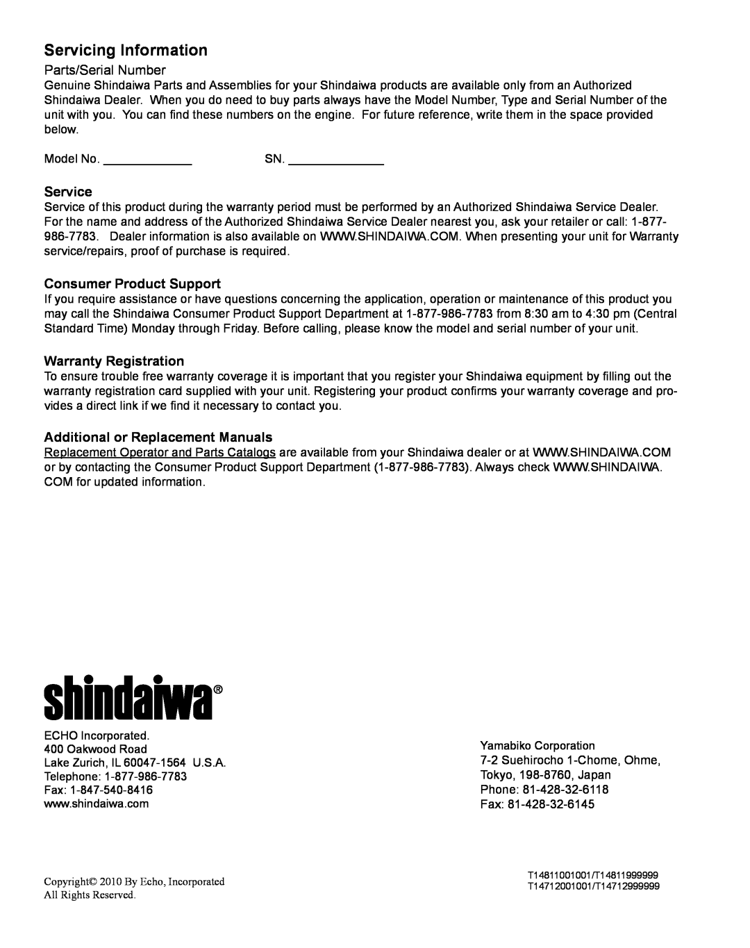 Shindaiwa X7502831200 Servicing Information, Service, Consumer Product Support, Warranty Registration, Parts/Serial Number 