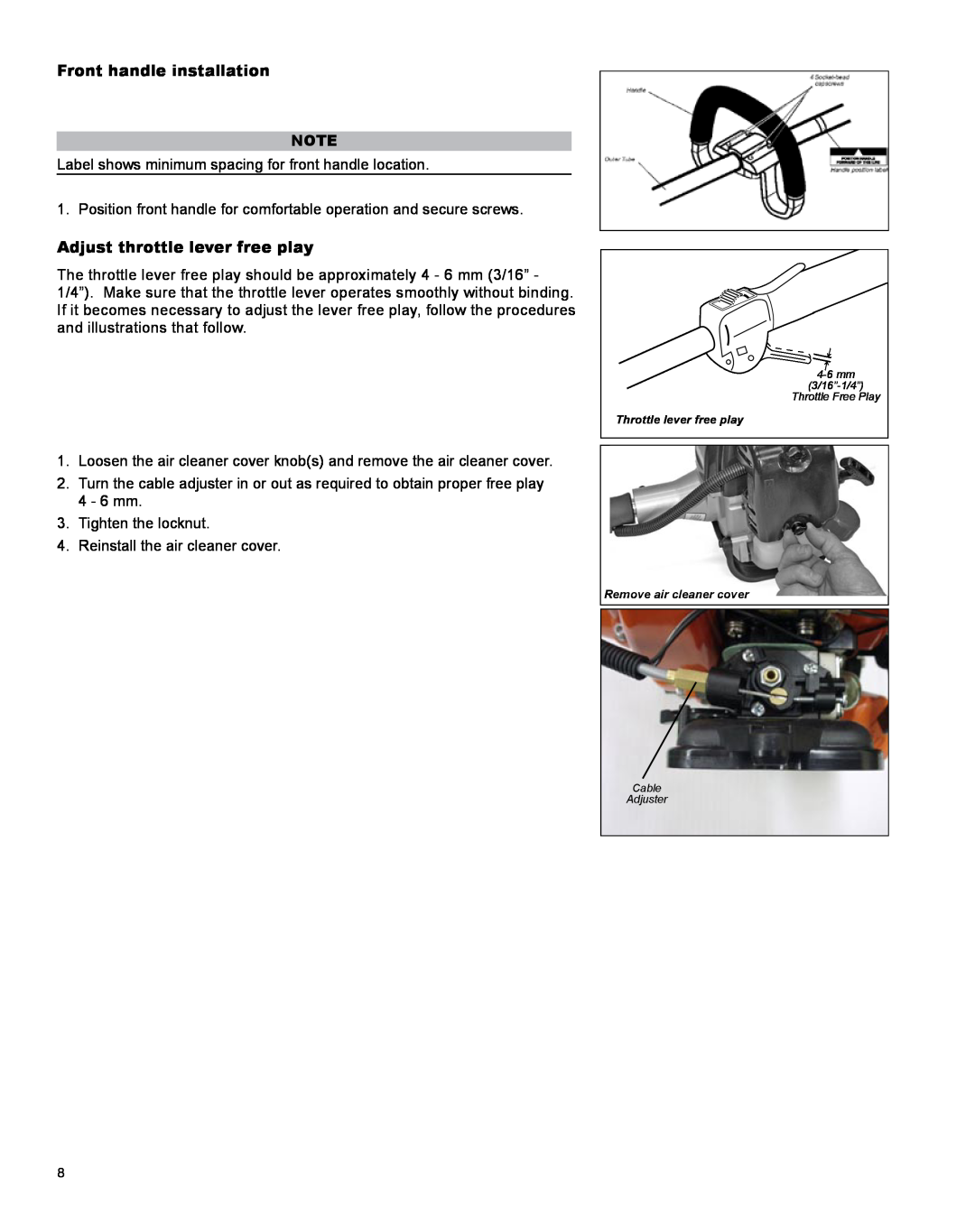 Shindaiwa X7502831200 manual Front handle installation, Adjust throttle lever free play 